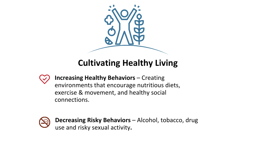 How to cultivate health living through increasing access to healthy behaviors and decreasing risky behaviors.